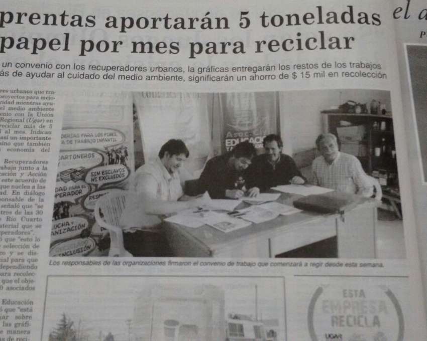 UGAR Regional  Centro Noroeste firma convenio con los Recuperadores Urbanos de la ciudad de Río IV.-